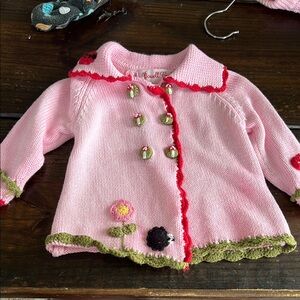 Pink Knit Baby Cardigan with Floral Accents